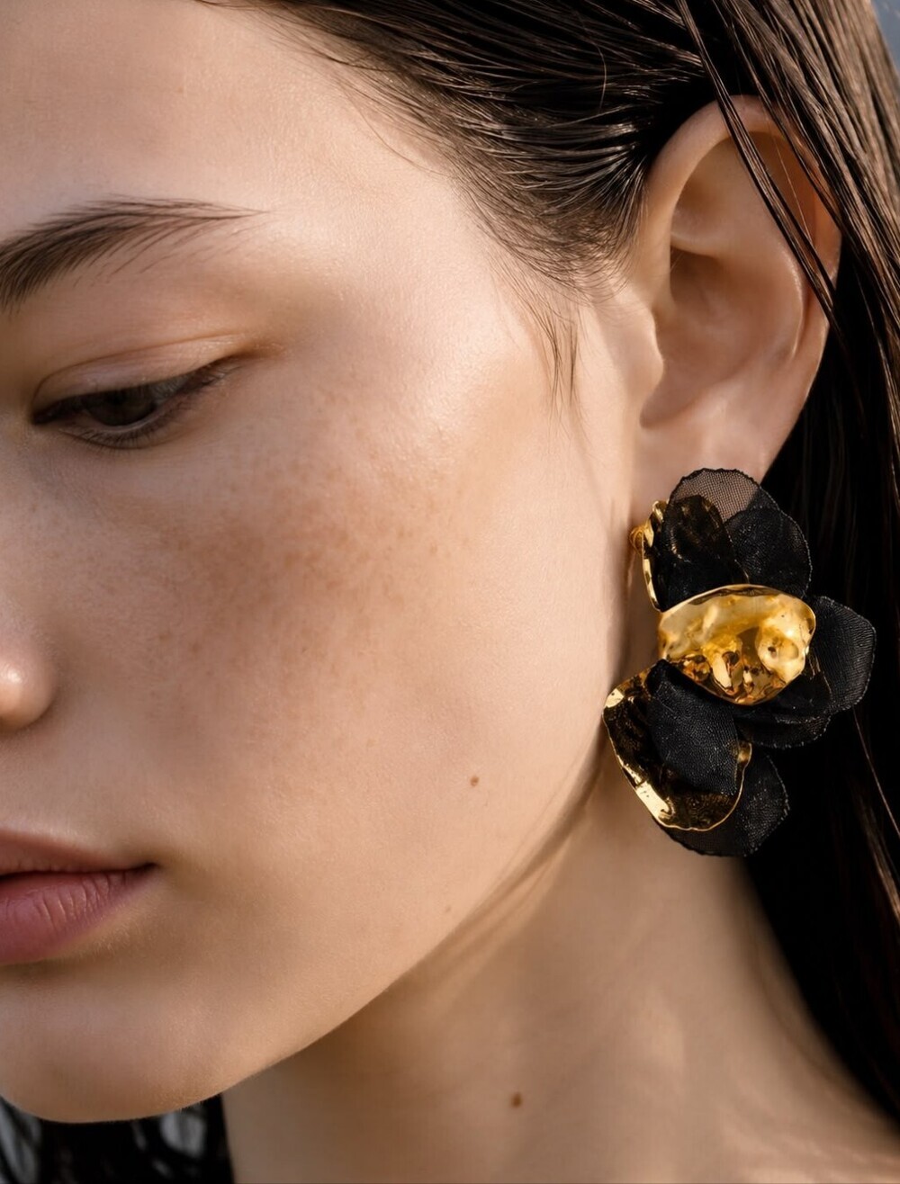 Black & Gold Floral Drop Earrings